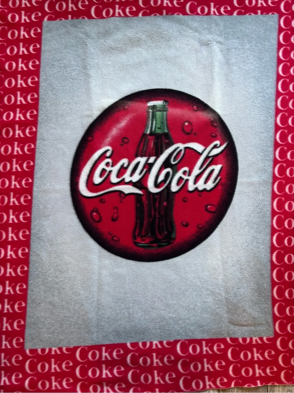 Vintage Coca-Cola Red Disc Bottle Fleece Throw Blanket Bordered Coke Print
